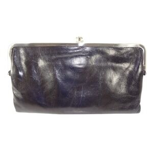 HOBO Lauren Double Frame Clutch Wallet Black Leather Floral Lining Kiss Lock